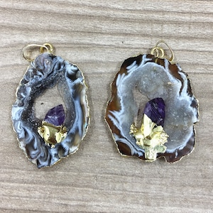 Natural Raw Amethyst Geode Agate Druzy Slice Pendants with Gold Electroplated, Silver Amethyst Geode Druzy // Wholesale price 1, 3, 5 B889 image 8