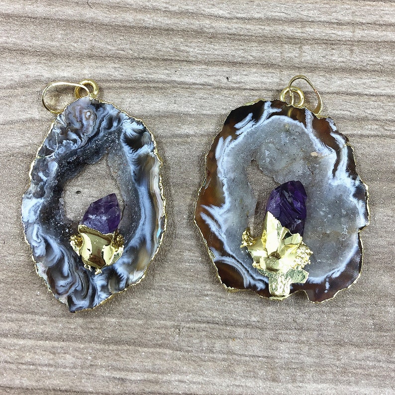 Natural Raw Amethyst Geode Agate Druzy Slice Pendants with Gold Electroplated, Silver Amethyst Geode Druzy // Wholesale price 1, 3, 5 B889 image 8