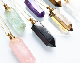 Gold Plated Crystal Point Perfume Bottle Pendant Necklace, Natural Fluorite, Black agate, Rose quartz, Amethyst Healing Stone Chain Necklace
