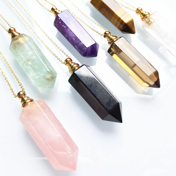 Gold Plated Crystal Point Perfume Bottle Pendant Necklace, Natural Fluorite, Black agate, Rose quartz, Amethyst Healing Stone Chain Necklace
