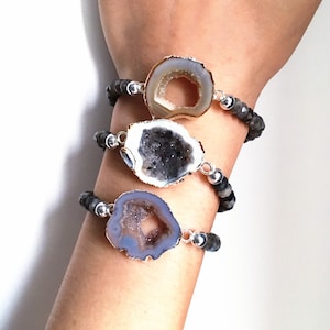 Silver Geode Agate Slice Druzy Bracelets with Labradorite Faceted Beads (X36S5_03)