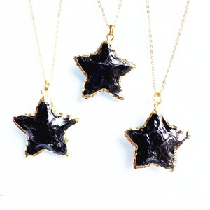 Black Obsidian Sea Star Starfish Shaped Pendant Charm Electroplated in gold - Obsidian Star Pendant Necklace Gold Chain (S8_B98)