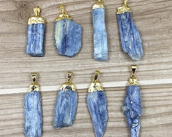 Blue Kyanite Pendant, Raw Kyanite Charm with Gold Electroplated Cap, Gold Kyanite Necklace (SD5A1)
