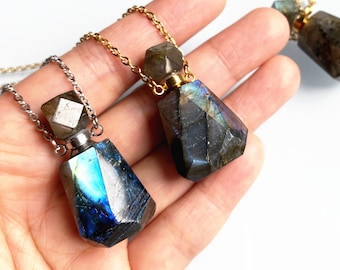 Natural Gemstone Labradorite Perfume Bottle Necklace, Rainbow Labradorite Essential oil Bottle Pendant Long Necklace Flash Stone Jewelry