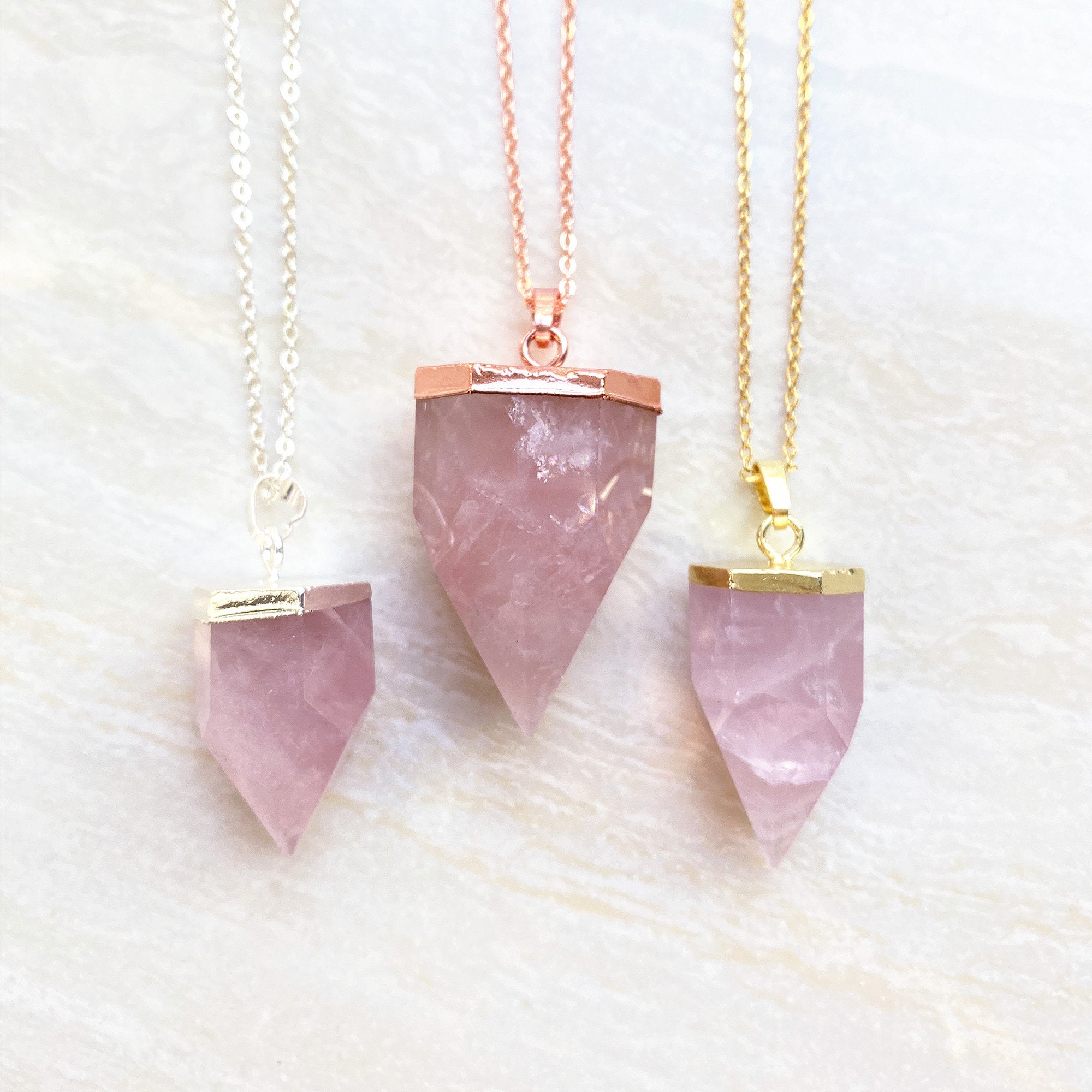 Crystal Gold Plated Long Chain Necklace Rose Quartz Pendant Natural Stone Crystal Gold Plated Long Chain Necklace Rose Quartz Pendant Natural Stone