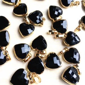 Beautiful Faceted Black Agate Pendant, Petite Heart Black Agate, Black Agate Quartz stone Healing Crystal Pendant with Gold Electroplated