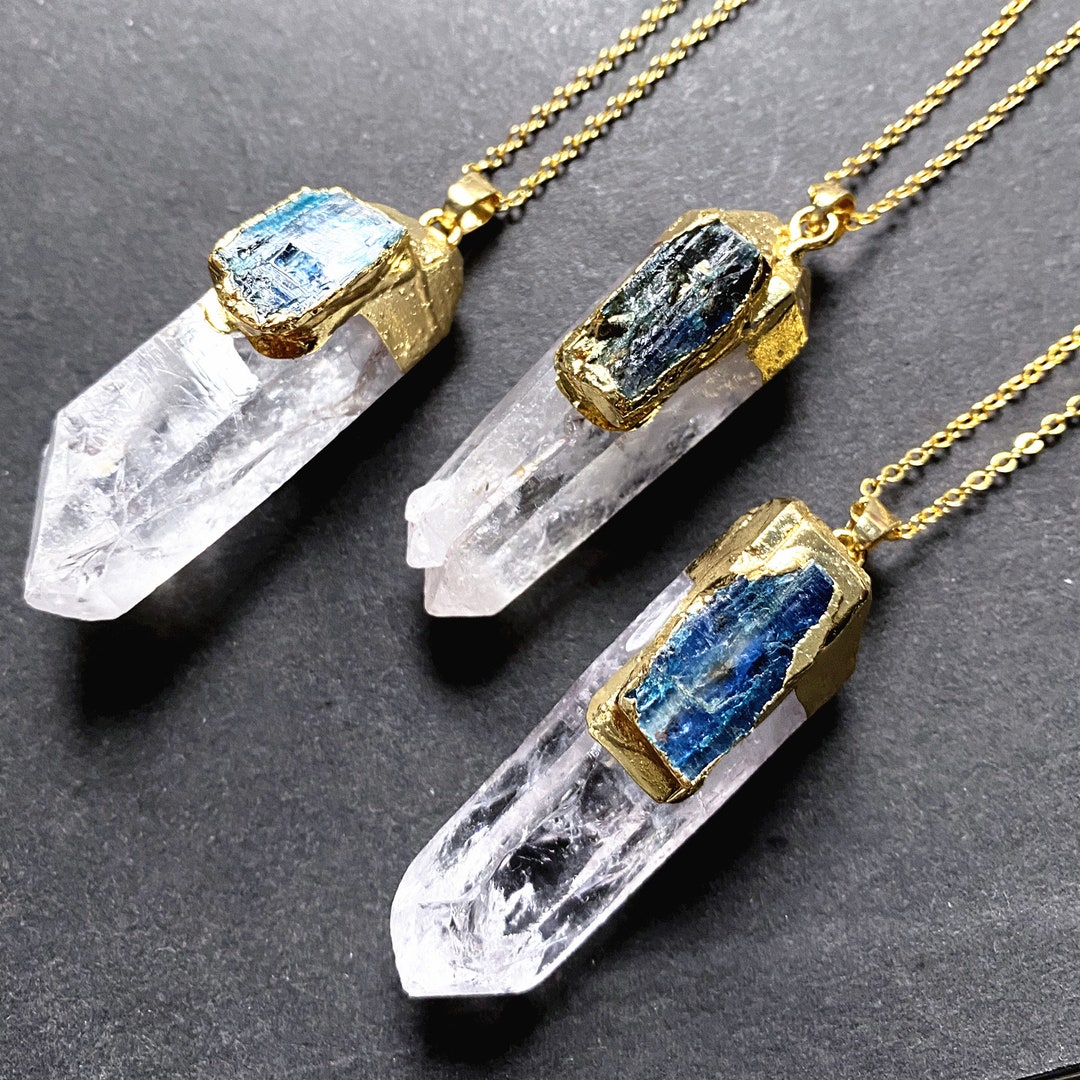 Polished Large Rock Crystal Quartz Point Pendant With Blue Kyanite in ...