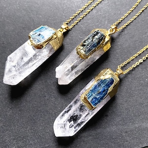 Polished Large Rock Crystal Quartz Point Pendant with Blue Kyanite in Gold Electroplated Cap, Large Pendant Blue Kyanite Quartz Necklace
