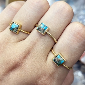 Tiny Gold Turquoise Ring // Square Blue Turquoise stone Rings // Natural Gemstone Ring for her // Gold Rings // Adjustable rings