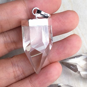Natural Crystal Quartz Petite Spike Charm Pendant with Silver Plated, Large Clear Crystal Quartz Point Pendant Necklace