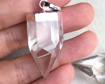 Natural Crystal Quartz Petite Spike Charm Pendant with Silver Plated, Large Clear Crystal Quartz Point Pendant Necklace