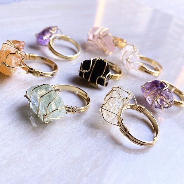 Raw Gemstone Ring // Natural Healing Crystal Quartz Band Rings // Gold Jewelry Charm Rings For Women Ladies