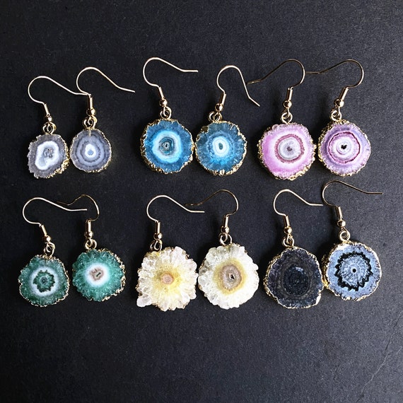 Green, Blue, Pink, White, Black, Yellow Solar Geode Slice Druzy Crystal Gemstone Earring, Gold Drusy Earring -- You can choose (D54E21-06)
