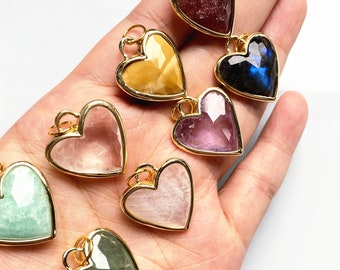 10 Natural Gemstone for choose, Ring Heart LOVE Crystal Quartz Pendant Necklace, Amethyst, Labradorite, Amazonite, Aventurine, Rock Quartz