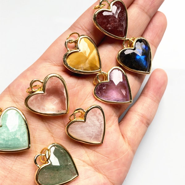 10 Natural Gemstone for choose, Ring Heart LOVE Crystal Quartz Pendant Necklace, Amethyst, Labradorite, Amazonite, Aventurine, Rock Quartz