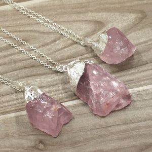 Raw Rose Quartz Pendant, Rose Quartz Charm Necklace, Pink Crystal Quartz with Silver Plated Bail AAA Extra Quality