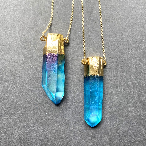 Blue Angel Aura Crystal Quartz Point Pendant Connector with Gold Electroplated, Double Bail Quartz Points Pendant Necklace Jewelry