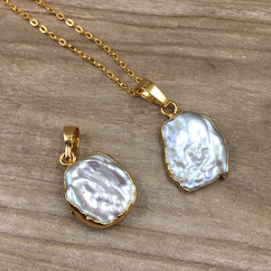 Mother of Pearl Shell Pendant With Gold Electroplated Edge Bail Pendant - Gold Plated Petite Natural Pearl Shell Pendant Necklace (S38P14-6)