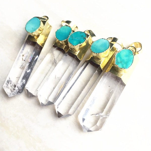 Rock Crystal Quartz Point Pendant with Turquoise Gold Electroplated Cap / Silver Plated WHOLESALE PRICING 1, 3, 5 or 10