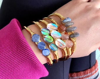 Beaded Gemstone Cuff Bracelet-- Healing Crystal Quartz Gold plated Adjustable Bangle, Natural Quartz Bracelet For Women