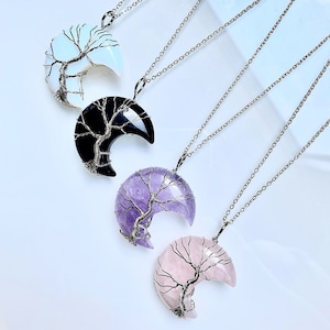 8 Gemstone for choose, Crescent Moon Crystal Quartz Pendant with Silver Plated Wire Wrapped, Amethyst, Rose quartz, Aventurine Moon Necklace