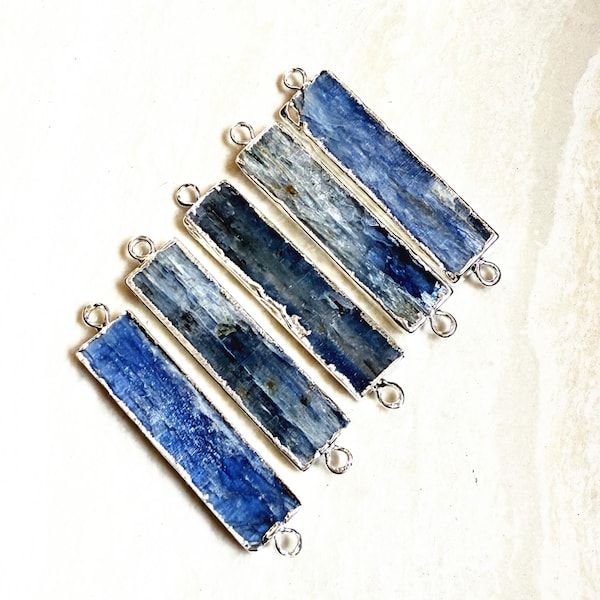 Polished Rectangle Silver Blue Kyanite Connector, Double Bail Natural Kyanite Charm with Silver Plated Edges, Blue Kyanite Chain Bracelet