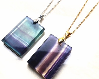 Rectangle Slice Fluorite Stone Necklace, Rainbow Healing Crystal Pendant Charm with Gold Plated, Silver Pinch Bails (S8_B71)
