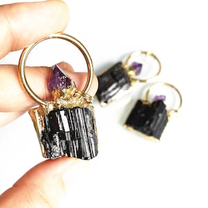 Ring Tiny Amethyst Point Natural Black Tourmaline Charm Pendant Necklace - Raw Black Tourmaline with Gold Electroplated Cap, Silver plated