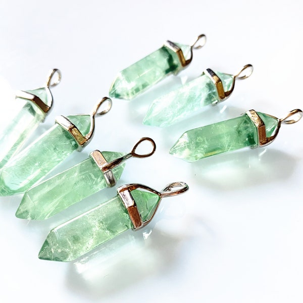 Green Fluorite Stone Pendant Necklace, Natural Green Fluorite Crystal Quartz Double Terminated Point Pendant with Silver Bail, Pencil Points