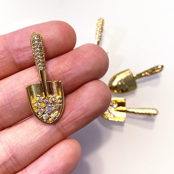 11x30mm Shovel Charm, Gold Plated Zircon Shovel Pendant, Cubic Zirconia Charm, Shovel Charm For Necklace, Wholesale price 1, 10, 20