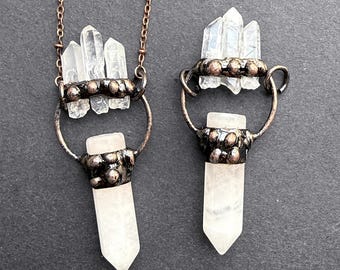 Natural Rock Quartz Point Pendant Necklace with Antique Rose Gold Plated -- Ring with Double Quartz Healing stone Point Necklace Chain