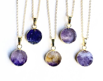 New Arrival! Round Bezel Amethyst Druzy Agate Healing Crystal Charm Pendant with Electroplated Gold, Gold Amethyst Druzy Agate Necklace