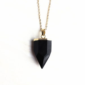 Natural Black Obsidian Petite Spike Charm Pendant with Gold Plated, Black Crystal Quartz Healing Stone Point Pendant Necklace