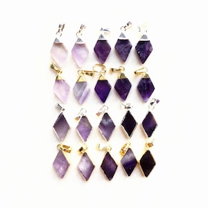Natural Amethyst Crystal Pendant with Gold Electroplated Edges, Silver Plated Petite Diamond Shaped Amethyst stone Beautiful Charm Jewelry