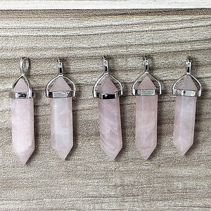 Polished Natural Rose Quartz Point Pendant, Rose Quartz Charm, Pink stone Double Terminated Point Pendant with Silver Bail - 1, 5, 10pcs