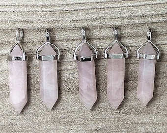 Polished Natural Rose Quartz Point Pendant, Rose Quartz Charm, Pink stone Double Terminated Point Pendant with Silver Bail - 1, 5, 10pcs