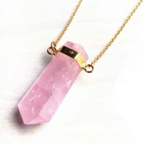 Gold Rose Quartz Crystal Necklace 