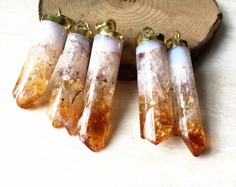 Polished Natural Citrine Druzy Cylinder Pendant With Gold Cap // Gold Electroplated Edge Pendant Necklace // Silver Plated Citrine Cylinder