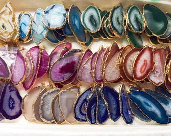 SALE Large Geode Agate Slice Druzy Pendant with Gold Plated Edge - Drusy Druzzy Agate Lace Slice Pendant - 9 Colors for choose (S2V4_31)