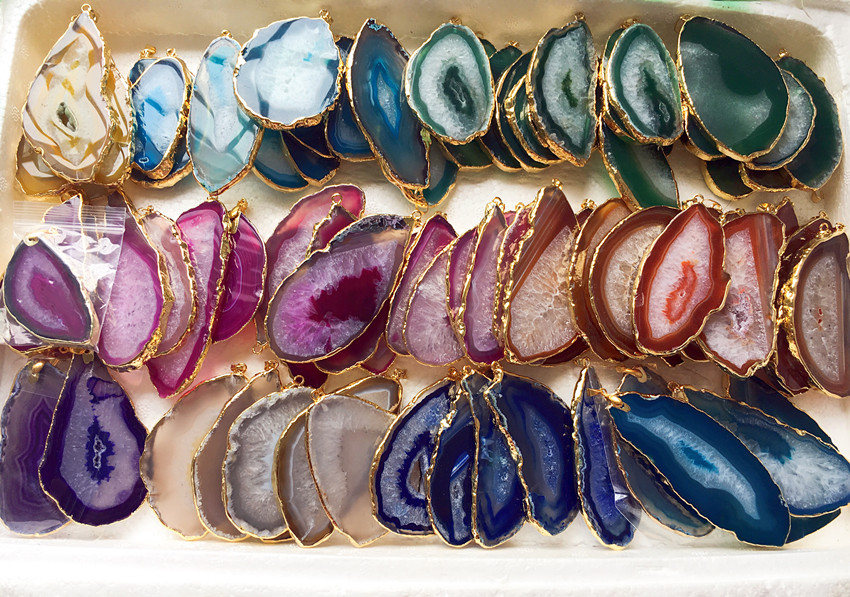ON SALE Large Geode Agate Slice Druzy Pendant with Gold Plated Edge -…