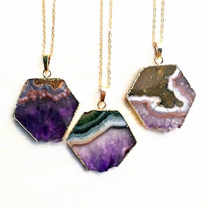 Hexagon Amethyst Slice Necklace // Amethyst Slice Pendants with Electroplated Gold // Natural Amethyst Jewelry B754