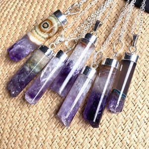 Polished Natural Amethyst Druzy Cylinder Pendant // Silver Plated Amethyst Crystal Necklace // Healing Crystals Quartz Gemstone Jewelry