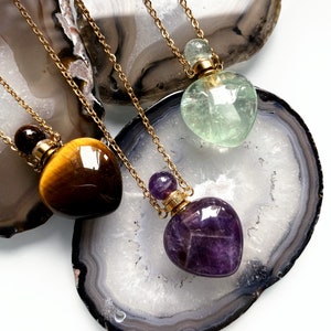 Gepolijst hart edelsteen parfumfles hanger ketting, vergulde helende chakra kristal kwarts parfumfles ketting sieraden