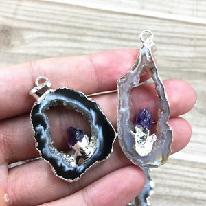 Natural Raw Amethyst Geode Agate Druzy Slice Pendants with Gold Electroplated, Silver Amethyst Geode Druzy // Wholesale price 1, 3, 5 B889 image 3