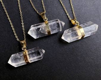 Gold Crystal Necklace, Rock Crystal Necklace, Clear Crystal