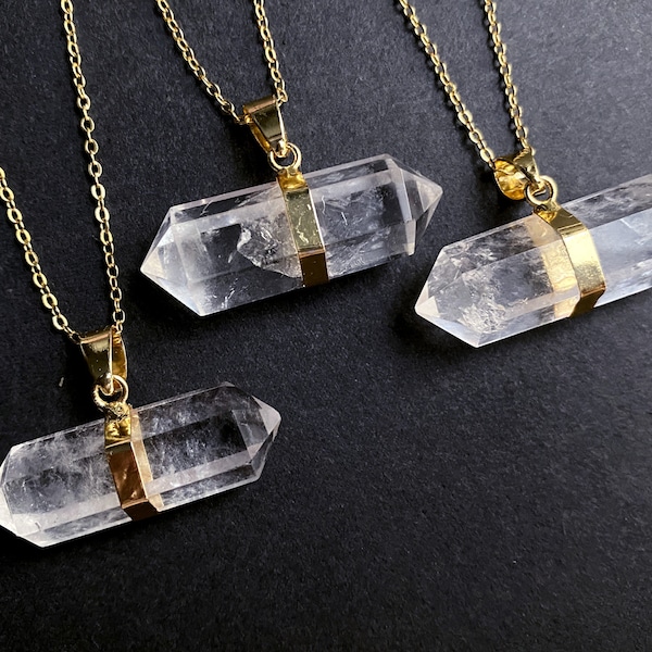 Gold Crystal Necklace, Rock Crystal Necklace, Clear Crystal Pendant, Natural stone, Healing Quartz Crystal Pendant D2F8_08