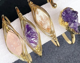 Natural Amethyst Crystal Gemstone Cuff Bangle, Healing Crystal Quartz Adjustable Bracelet, Citrine, Rose quartz, Labraforite for Choose
