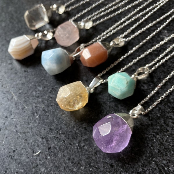 Silver Petite Faceted Quartz Pendant Necklace, Amethyst, Aquamarine, Citrine, Amazonite, Lace agate, Rose Quartz Pendant Charms Tiny Jewelry