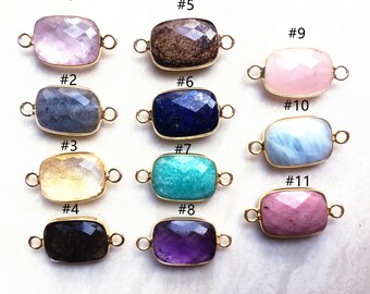 Gold Plated Petite Crystal Healing Stone Rectangle Shaped Pendant Connector, Silver Plated Quartz Gemstone Double Bail Connector 1, 3, 5, 10