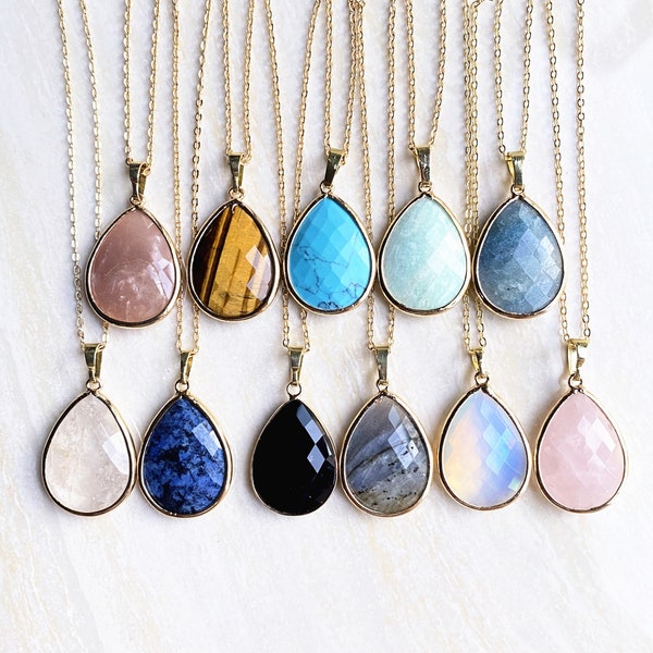 Nature Gemstone Teardrop Necklace, Silver Bezel Healing Stone Pendant, Gold Bezel Crystal Quartz Teardrop Charm Jewelry, Gemstone for choose